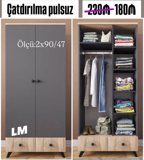 İki qapılı paltar dolabı - Ölçü: 2x90/47 (şəkildə göstərilib) — Bakı