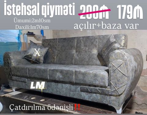 Açılan mexanizmli, bazalı divan Ölçülər: - Ümumi: 2 m 10 sm - Daxili — Bakı