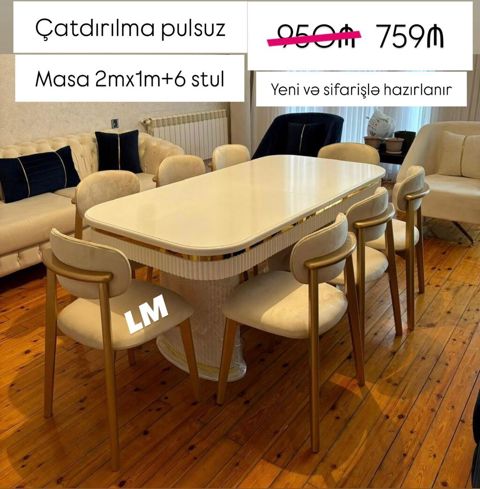Yemək otağı dəsti – masa 2 m x 1 m + 6 ədəd stul - Modern dizaynlı — Mehdiabad