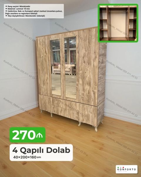 4 qapılı geyim dolabı – 40×200×160 sm - Material: 18 mm laminat — Bakı