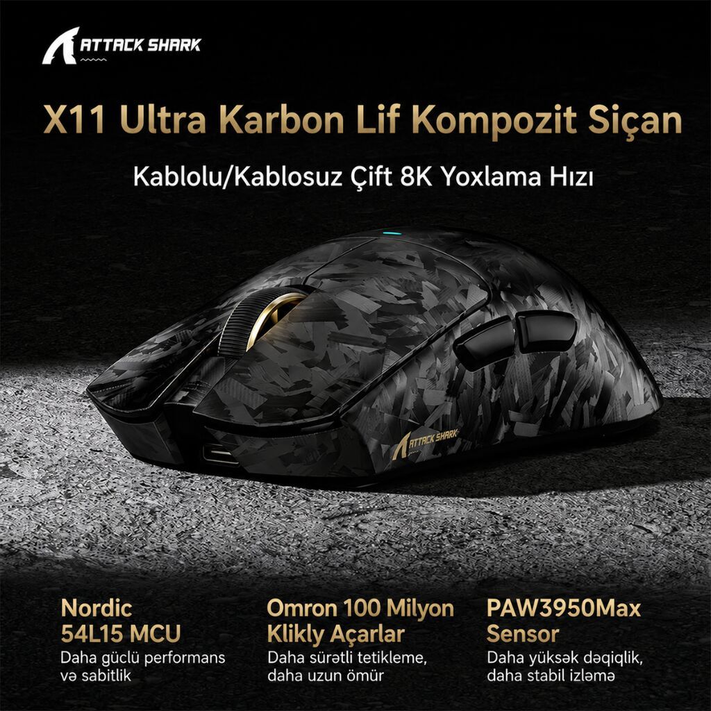 Attack Shark X11 Ultra Karbon Gaming Siçanı - Karbon lif kompozit — Elektronika, Bakı (2)