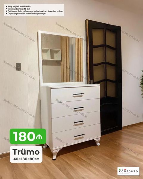 Trümo – ağ rəngli, 4 çekmecəli dresser və iri güzgü dəsti - Ölçü: 40 — Bakı