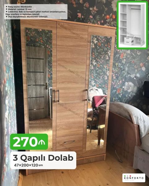 3 qapılı dolab – 47×200×120 sm Məhsul təsviri: - Korpus materialı: 18 — Bakı