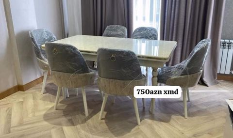 Yemək dəsti: 1 masa + 6 stul - Masa: düzbucaqlı, parlaq səthli — Bakı