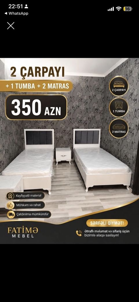 Mebel dəsti: 2 ədəd çarpayı + 1 ədəd tumba + 2 ədəd matras — Digah