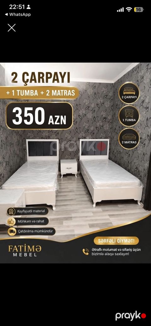 Mebel dəsti: 2 ədəd çarpayı + 1 ədəd tumba + 2 ədəd matras
