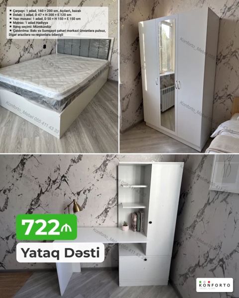 Yataq Dəsti – 722₼ Dəst tərkibi və ölçülər: - Çarpayı: 1 ədəd, 160 x — Bakı