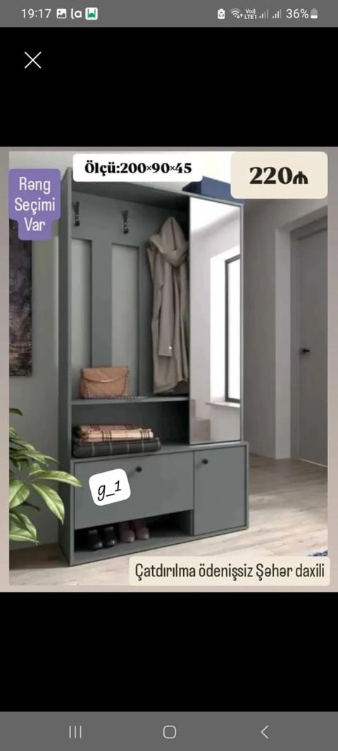 Dəhliz üçün çoxfunksiyalı paltar və ayaqqabı dolabı - Ölçü: 200×90×45 — Bakı