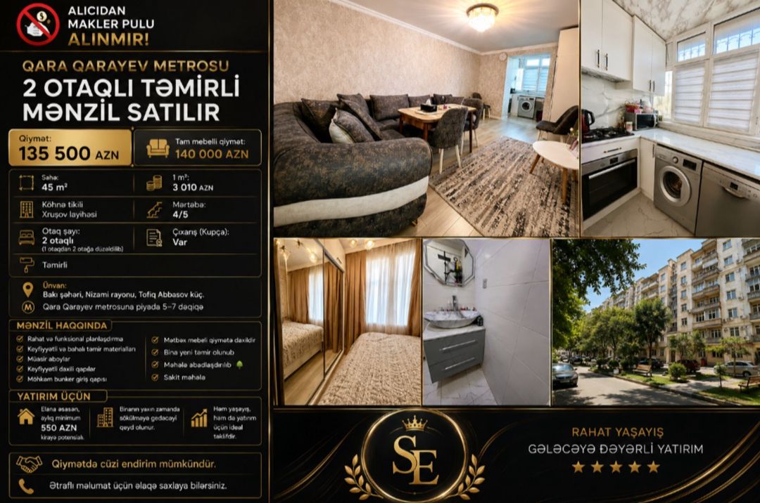 2-otaqlı mənzil, Qara Qarayev m., 45 m² — Mənzil, Bakı