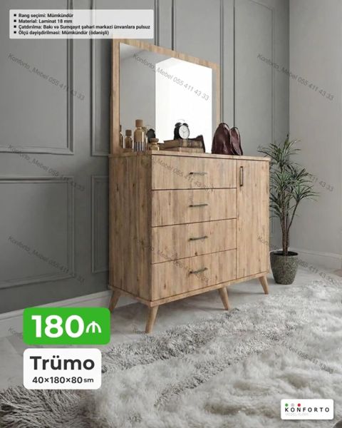 Trümo – 40×180×80 sm - Dizayn: Təbii ağac teksturalı, güzgülü trümo — Bakı