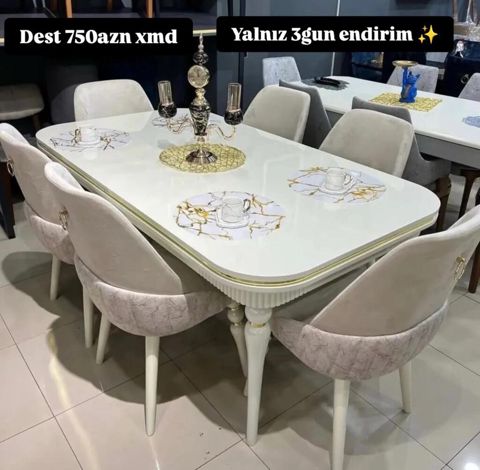 Yemək otağı dəsti – masa və 6 stul - Zərif, parlaq krem/ağ masa üstü — Bakı