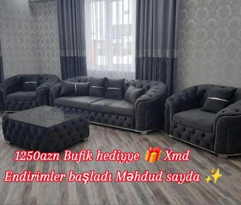 Qonaq otağı dəsti – 3+1+1 və bufik hədiyyə - Rəng: tünd boz/qartal — Bakı