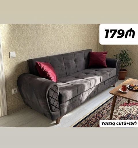 Qara-boz məxməri parça ilə örtülmüş, modern dizaynlı 3 nəfərlik divan — Bakı