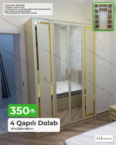 4 qapılı geyim dolabı — 47×200×160 sm - Material: 18 mm laminat — Bakı