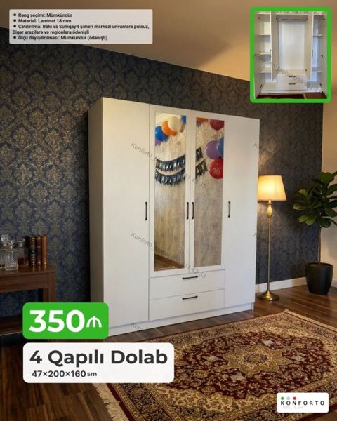 4 qapılı geyim dolabı - Ölçü: 47 200 160 sm - Material: 18 mm — Bakı