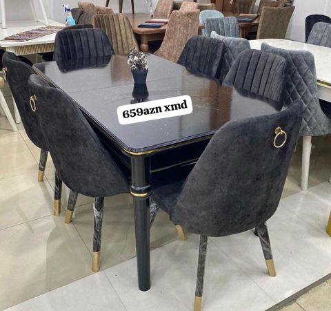 Qara rəngdə yemək masası və 6 ədəd stul dəsti. Xüsusiyyətlər: - Masa — Bakı