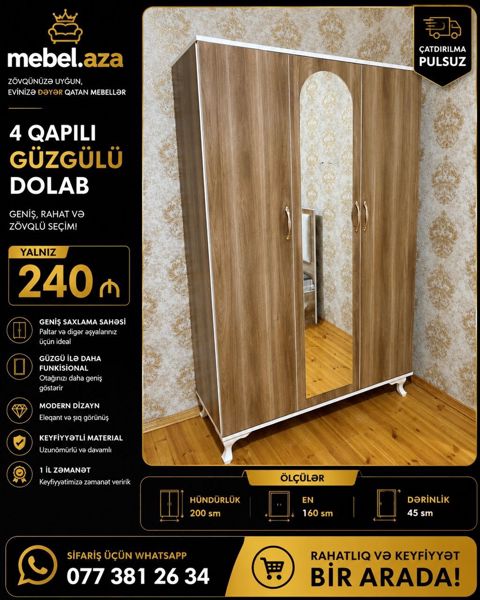 Yeni, 3 qapılı, Güzgülü, Qəhvəyi, Açılan, Düz dolab — Bakı