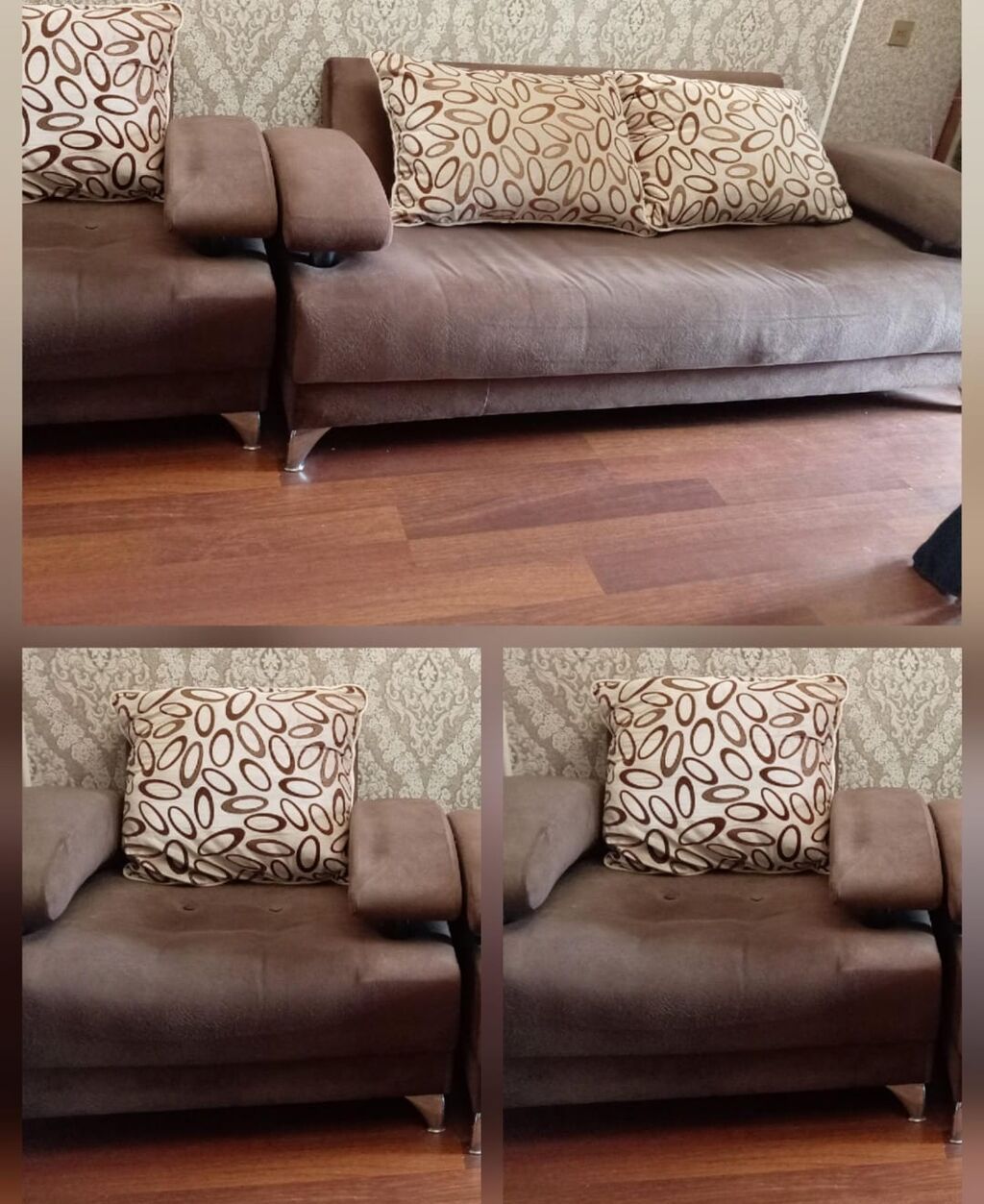 Qəhvəyi rəngdə yumşaq dəri/parça qarışığı materialdan iki hissəli — Mebel, Bakı