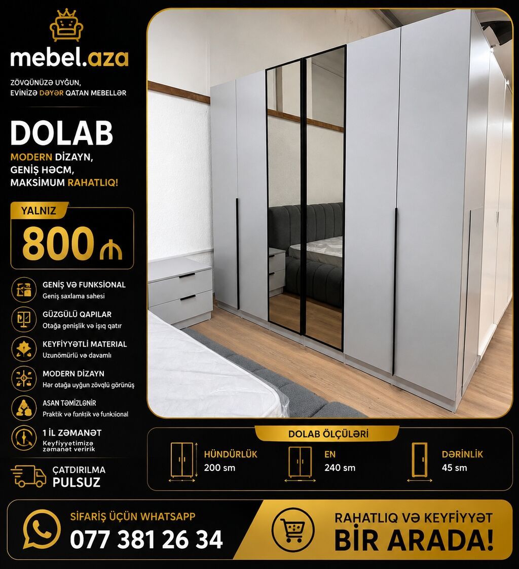 Yeni, 6 qapı, Güzgülü, Boz, Açılan, Düz dolab — Mebel, Bakı