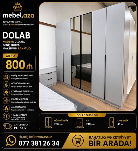 Yeni, 6 qapı, Güzgülü, Boz, Açılan, Düz dolab — Bakı