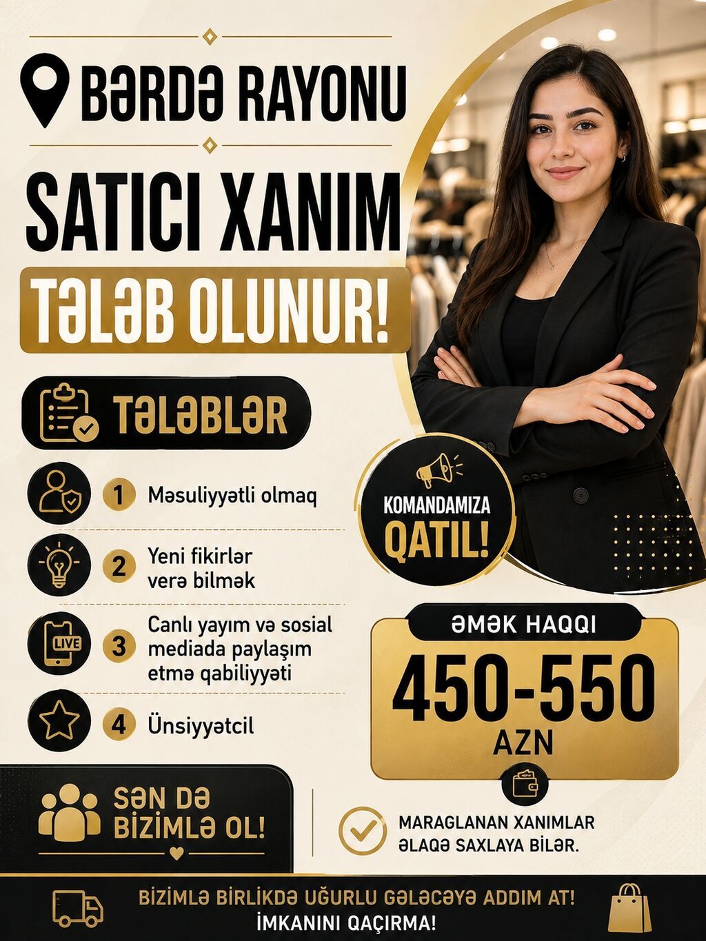 Satış məsləhətçisi tələb olunur, Yalnız qadınlar üçün, Təcrübəsiz, Aylıq ödəniş — Satış, Bərdə