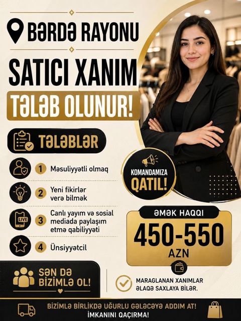 Satış məsləhətçisi tələb olunur, Yalnız qadınlar üçün, Təcrübəsiz, Aylıq ödəniş — Bərdə