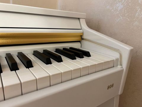 Rəqəmsal pianino – ağ korpus, qızılı dekor xətti ilə. Ön paneldə — Digah
