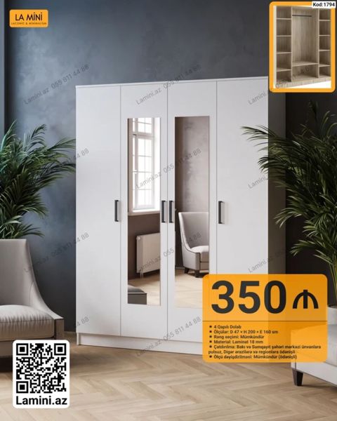 4 qapılı dolab – Kod: 1794 - Ölçülər: D 47 H 200 E 160 sm - Rəng — Bakı