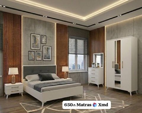 Yataq otağı mebeli dəsti - Müasir minimal dizayn, ağ rəngli korpus və — Bakı