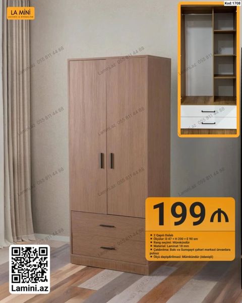 İki qapılı dolab – Kod: 1708 - Ölçülər: D 47 H 200 E 90 sm - Rəng — Bakı