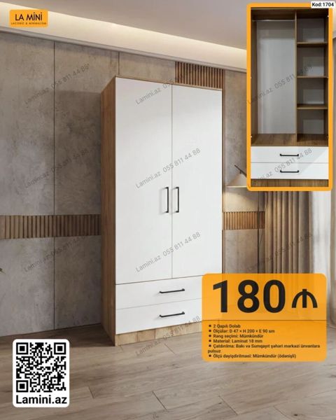 İki qapılı dolab – Kod: 1704 - Ölçülər: 47 sm (dərinlik) x 200 sm — Bakı
