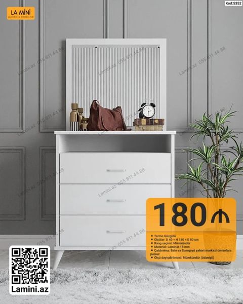 Məhsul: Termo güzgülü komod Xüsusiyyətlər: - Ölçü: 42 D 180 H 80 — Bakı