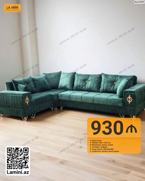Künc Divan – Kod: 6959 - Ölçülər: 300 200 sm - Mexanizm: Açılan — Bakı