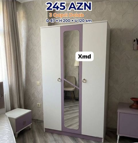 Yeni, 3 qapılı, Güzgülü, Ağ, Açılan, Düz dolab — Mehdiabad