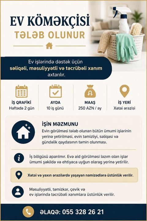Ev köməkçisi tələb olunur — ev işlərində dəstək üçün səliqəli — Bakı