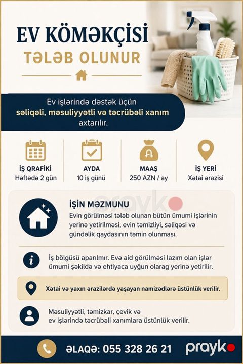 Ev köməkçisi tələb olunur — ev işlərində dəstək üçün səliqəli — Bakı