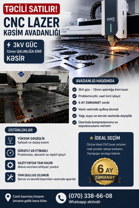 Satılır — CNC lazer kəsim dəzgahı 3 kV güc 12 mm — Bakı