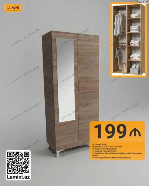 İki qapılı dolab - Ölçülər: D 47 x H 200 x E 90 sm - Material: 18 mm — Bakı