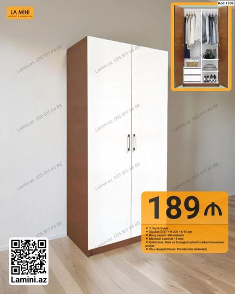 İki qapılı dolab – Kod: 1706 - Ölçülər: Dərinlik 47 sm Hündürlük — Bakı