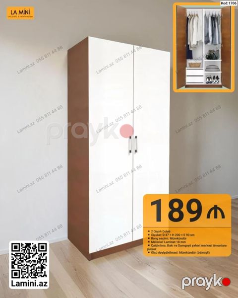 İki qapılı geyim dolabı - Kod: 1706 - Ölçülər: Dərinlik 47 sm x — Bakı
