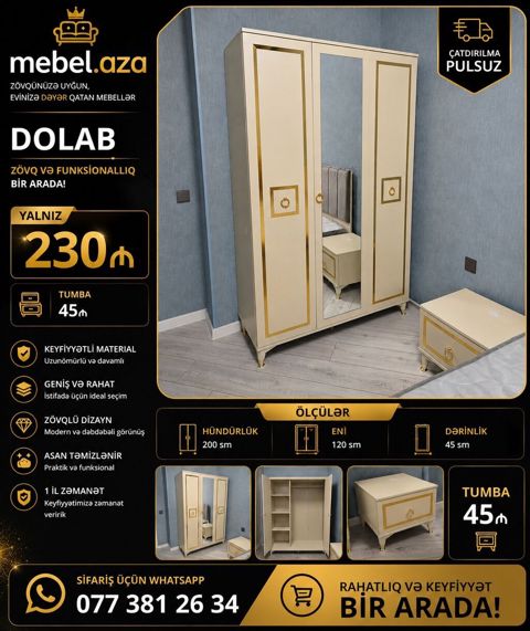 Yeni, 3 qapılı, Güzgülü, Açılan, Düz dolab — Bakı