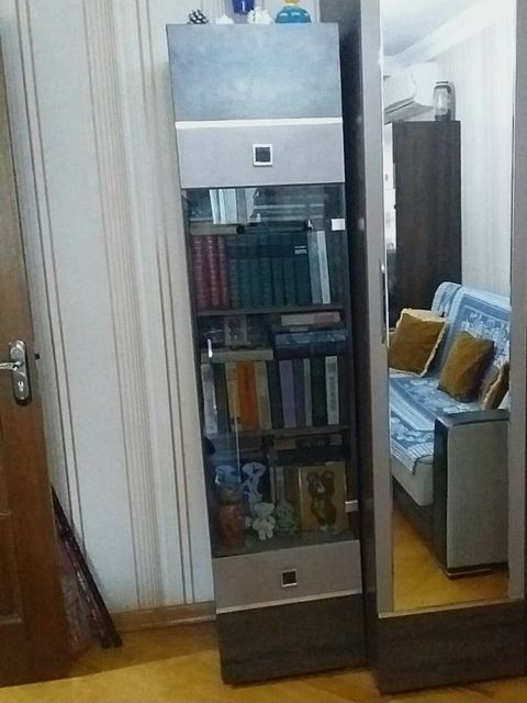 Şüşə vitrinli kitab şkafı - Dizayn: şaquli, dar ölçülü modul; ön — Bakı