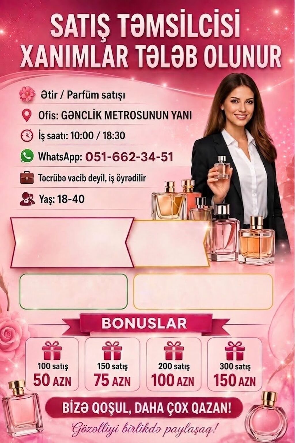 Səyyar Ətir/Parfum satışı üçün "Xanımlar" Tələb Olunur Yaş Həddi — İş, Bakı