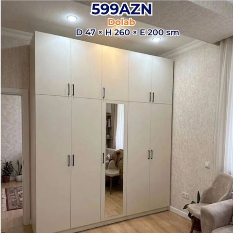 Yeni, 4 qapılı, Güzgülü, Ağ, Açılan, Düz dolab — Bakı