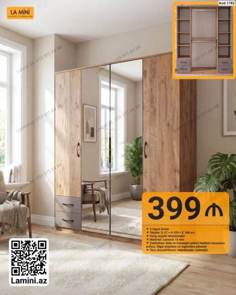 4 qapılı dolab - Ölçü: D 47 H 200 E 160 sm - Material: 18 mm — Bakı