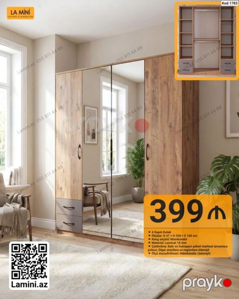 4 qapılı dolab - Ölçü: D 47 H 200 E 160 sm - Rəng seçimi — Bakı