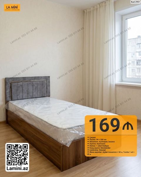 Məhsul: Tək nəfərlik çarpayı (Kod: 2951) Xüsusiyyətlər: - Ölçü: 90 x — Bakı