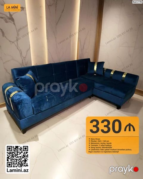 Künc Divan – La Mini - Ölçü: 260 160 sm - Mexanizm: açılan, bazalı — Bakı