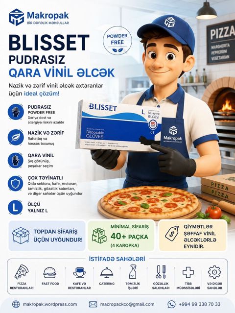 Blısset — Pudrasız Qara Vinil Əlcək Nazik və zərif qara rəngli — Masazır