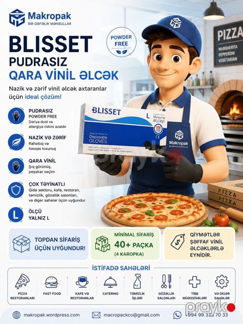 Blısset — Pudrasız Qara Vinil Əlcək Nazik və zərif qara rəngli